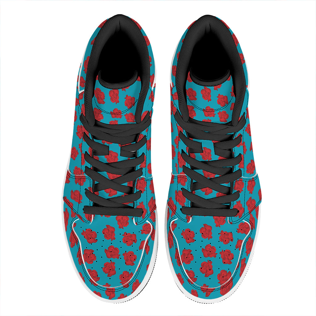 Red And Blue Carnation Pattern Print High Top Leather Sneakers