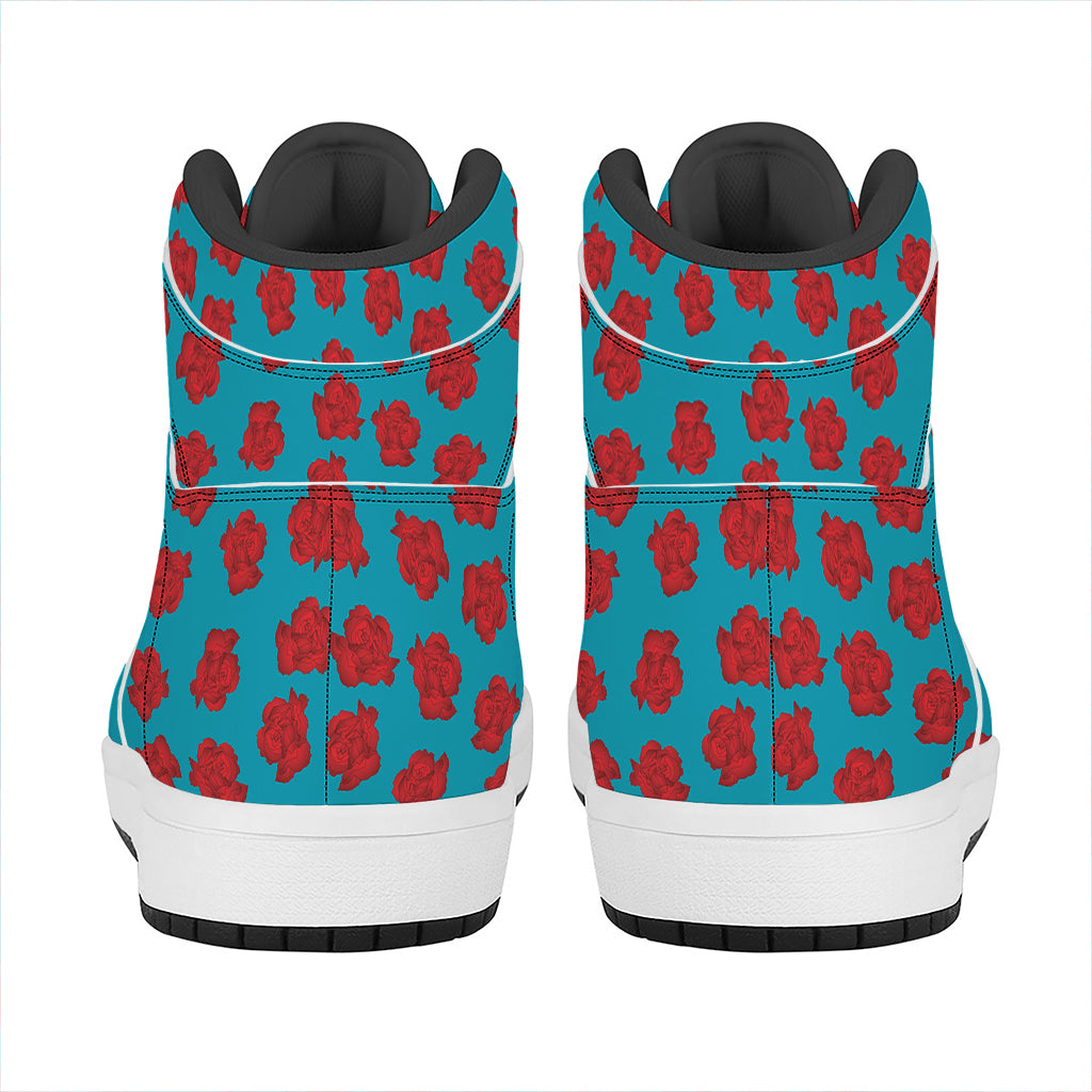 Red And Blue Carnation Pattern Print High Top Leather Sneakers