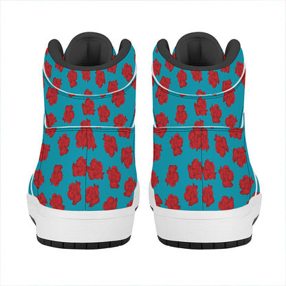 Red And Blue Carnation Pattern Print High Top Leather Sneakers