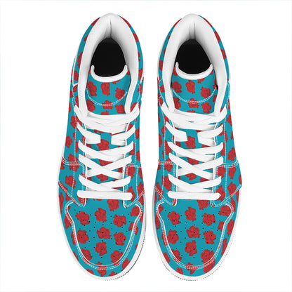 Red And Blue Carnation Pattern Print High Top Leather Sneakers
