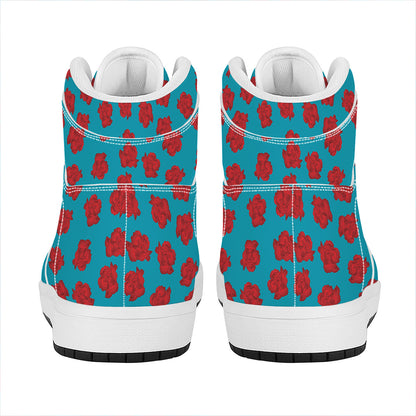 Red And Blue Carnation Pattern Print High Top Leather Sneakers