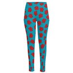 Red And Blue Carnation Pattern Print High-Waisted Pocket Leggings