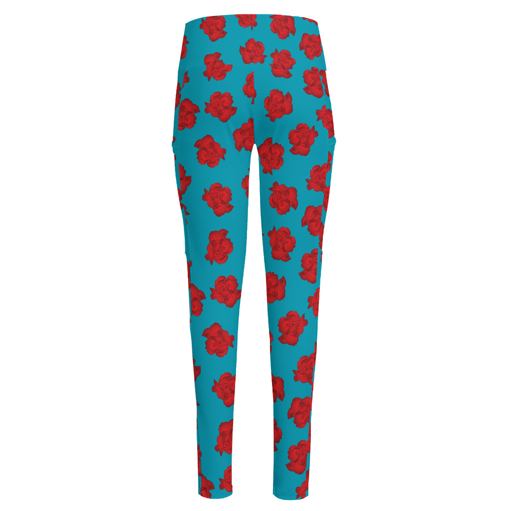 Red And Blue Carnation Pattern Print High-Waisted Pocket Leggings