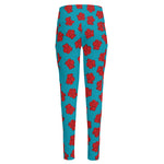Red And Blue Carnation Pattern Print High-Waisted Pocket Leggings