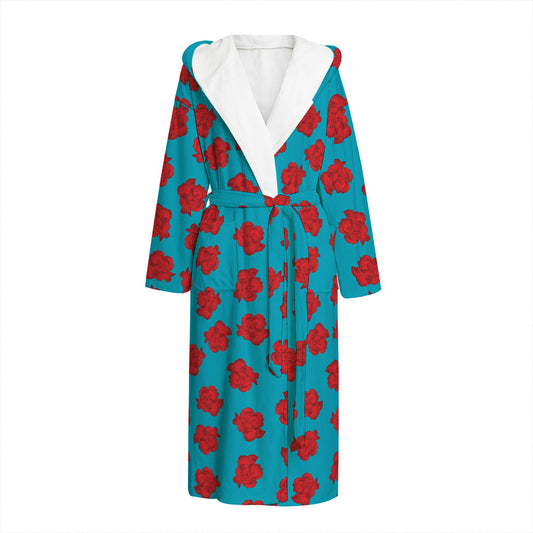 Red And Blue Carnation Pattern Print Hooded Bathrobe