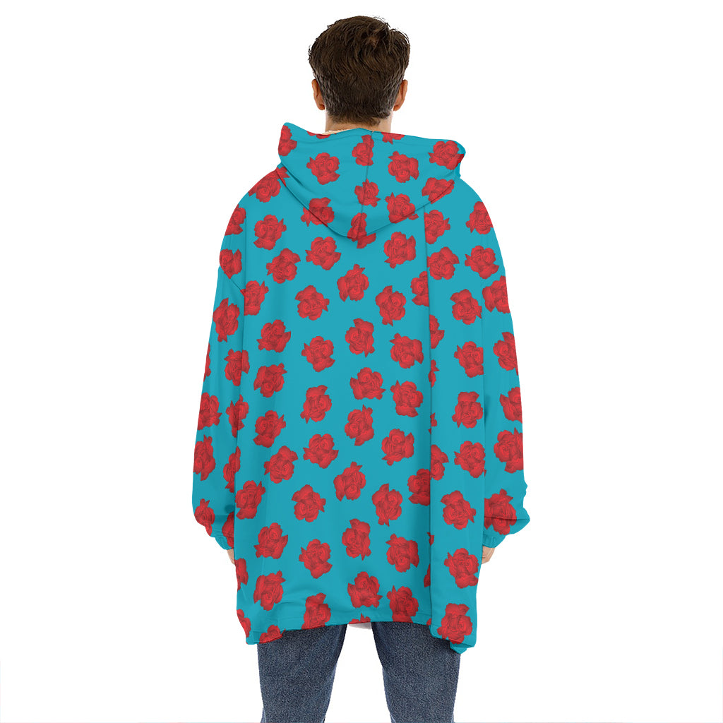 Red And Blue Carnation Pattern Print Hoodie Blanket