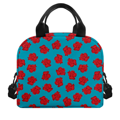 Red And Blue Carnation Pattern Print Insulated Lunch Bag