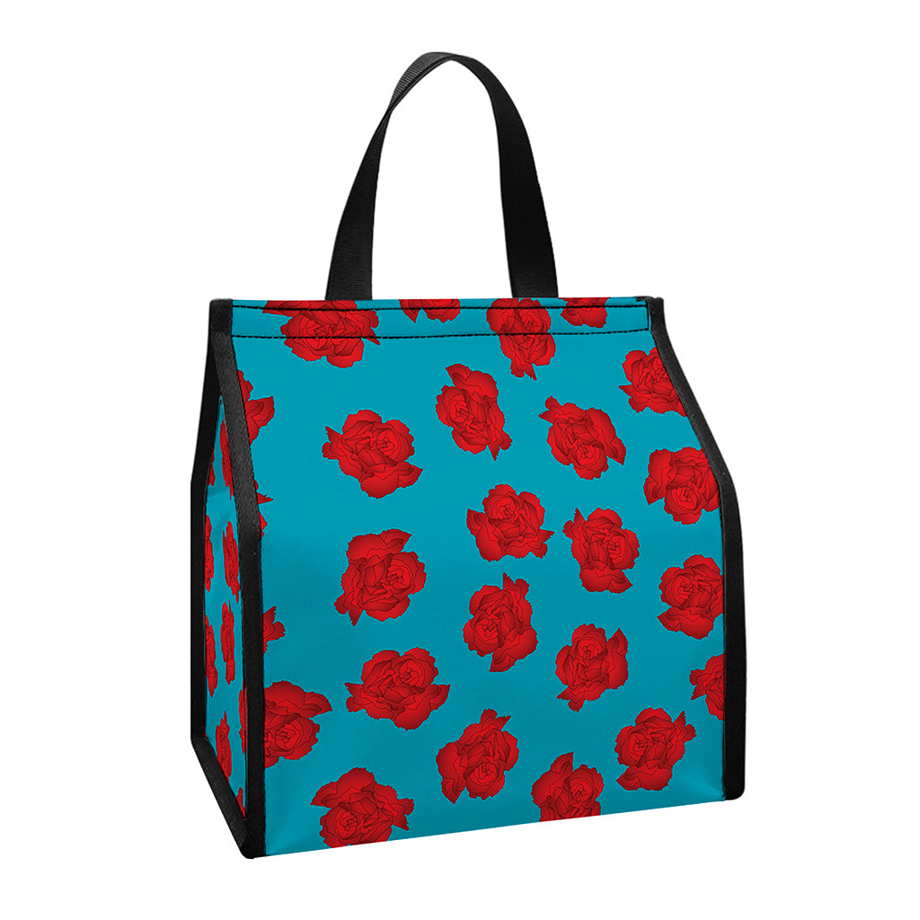 Red And Blue Carnation Pattern Print Insulated Lunch Tote