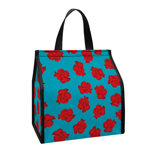 Red And Blue Carnation Pattern Print Insulated Lunch Tote