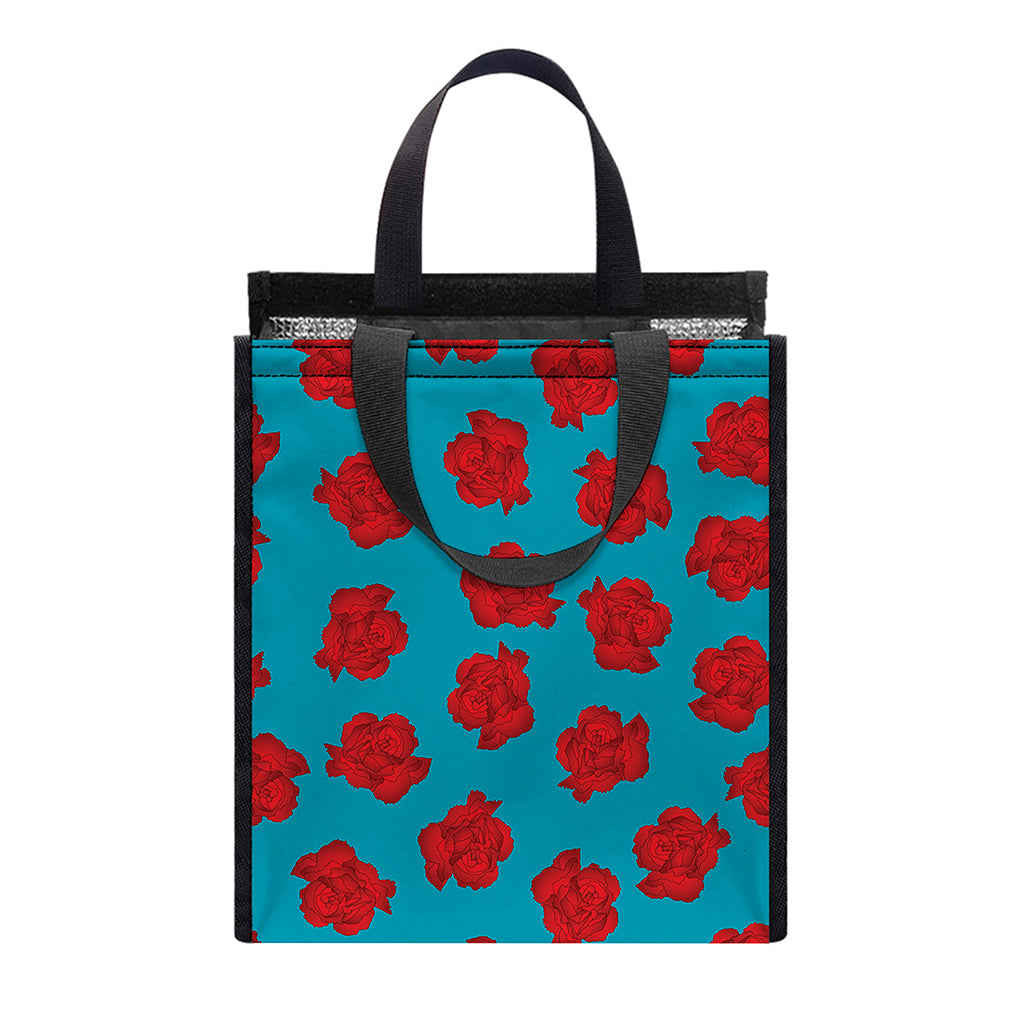 Red And Blue Carnation Pattern Print Insulated Lunch Tote