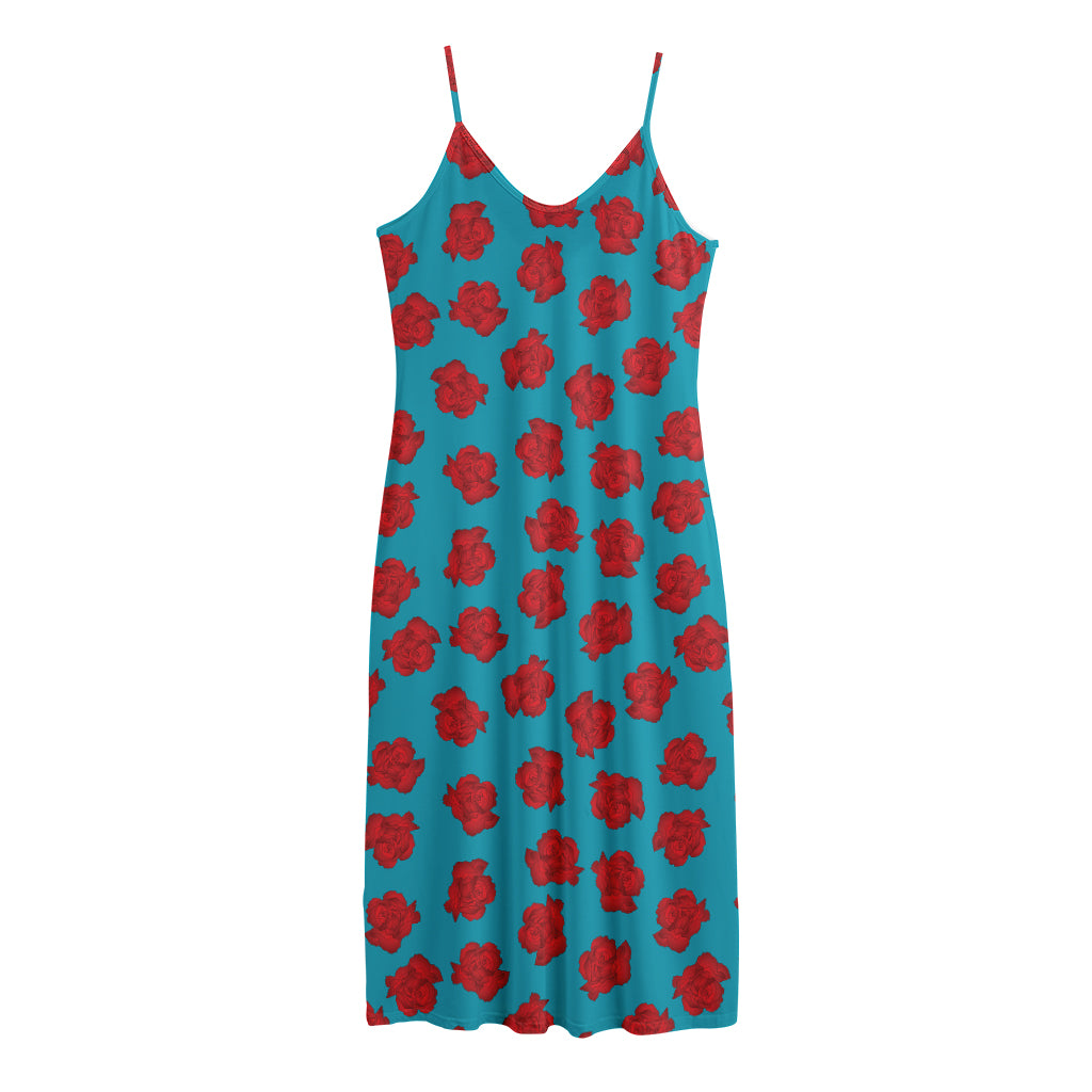Red And Blue Carnation Pattern Print Jersey Midi Cami Dress