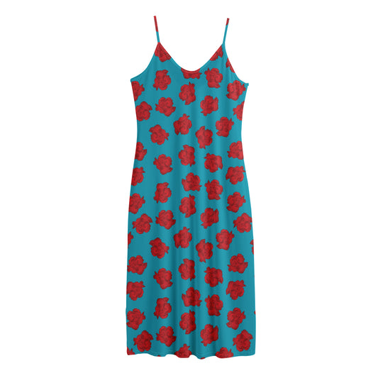 Red And Blue Carnation Pattern Print Jersey Midi Cami Dress