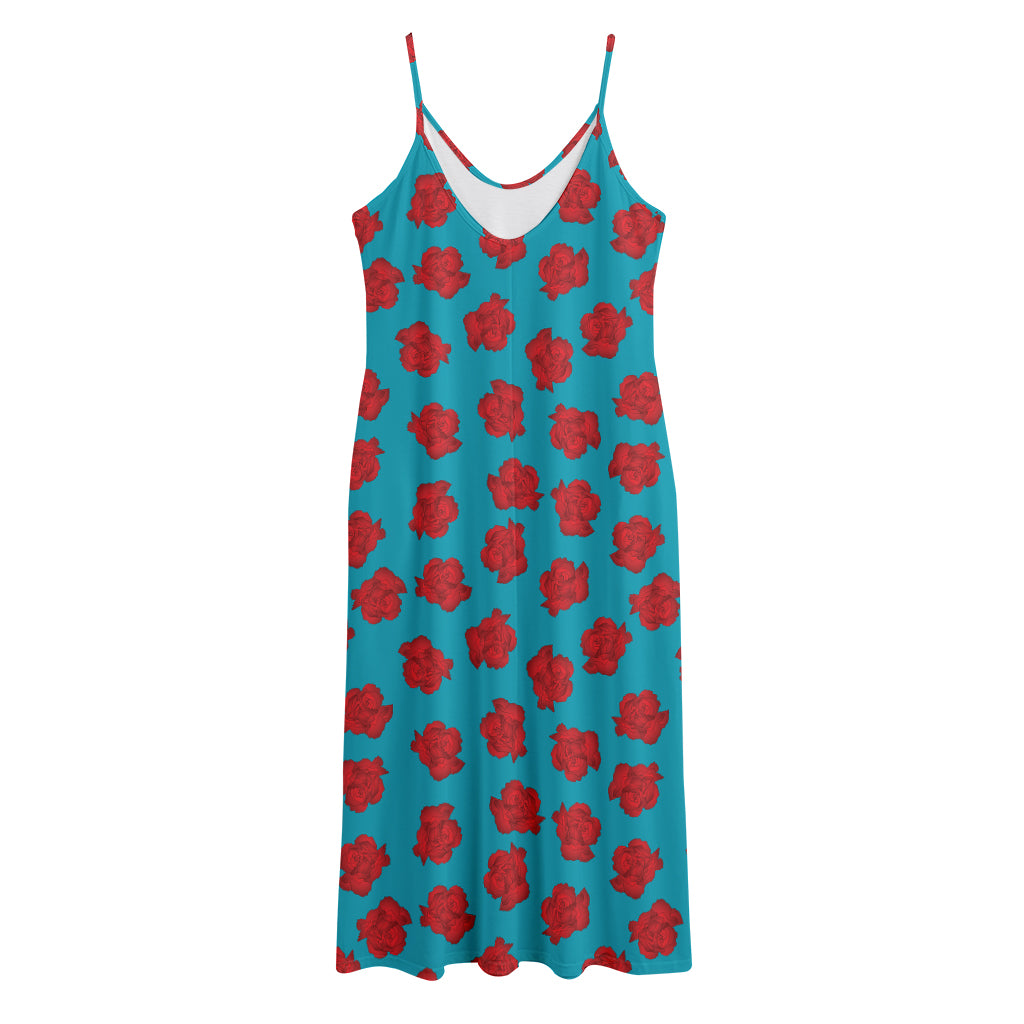 Red And Blue Carnation Pattern Print Jersey Midi Cami Dress