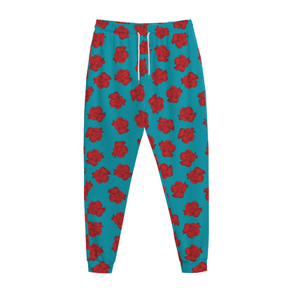 Red And Blue Carnation Pattern Print Jogger Pants