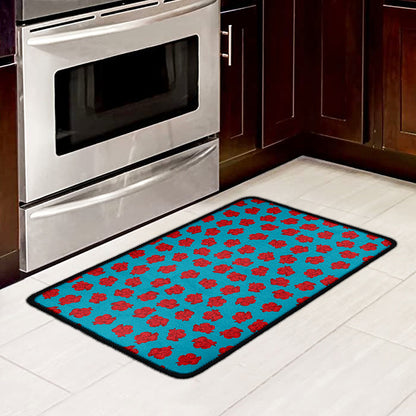 Red And Blue Carnation Pattern Print Kitchen Mat