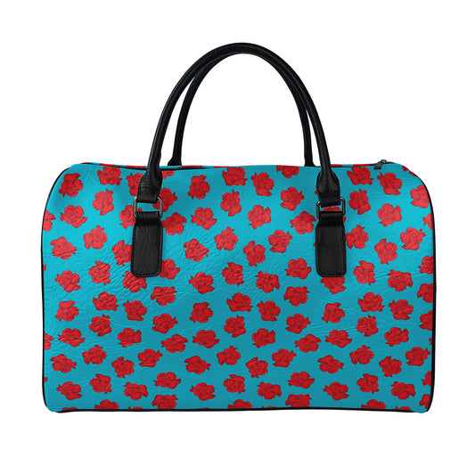 Red And Blue Carnation Pattern Print Leather Duffle Bag