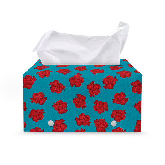 Red And Blue Carnation Pattern Print Leather Tissue Box Cover