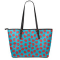 Red And Blue Carnation Pattern Print Leather Tote Bag With Zipper