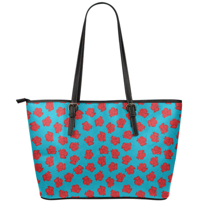 Red And Blue Carnation Pattern Print Leather Tote Bag
