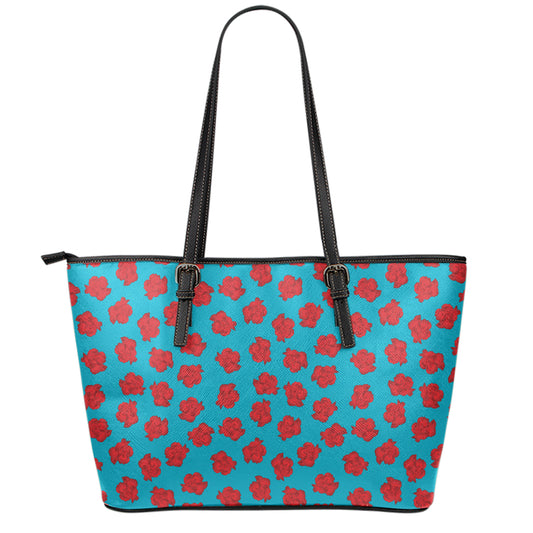 Red And Blue Carnation Pattern Print Leather Tote Bag