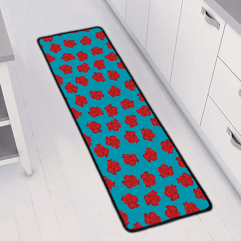 Red And Blue Carnation Pattern Print Long Kitchen Mat