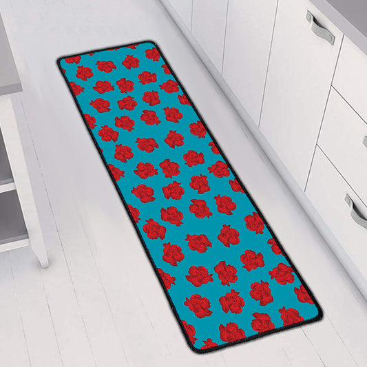 Red And Blue Carnation Pattern Print Long Kitchen Mat
