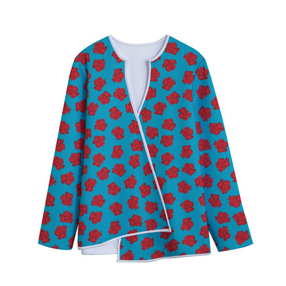 Red And Blue Carnation Pattern Print Long Sleeve Short Coat