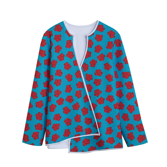 Red And Blue Carnation Pattern Print Long Sleeve Short Coat