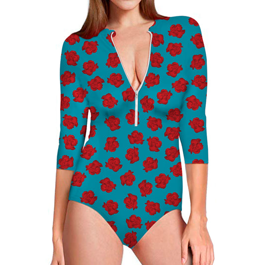 Red And Blue Carnation Pattern Print Long Sleeve Swimsuit