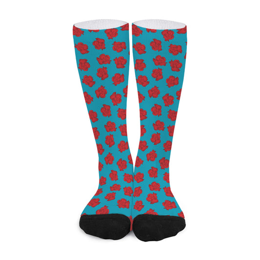 Red And Blue Carnation Pattern Print Long Socks