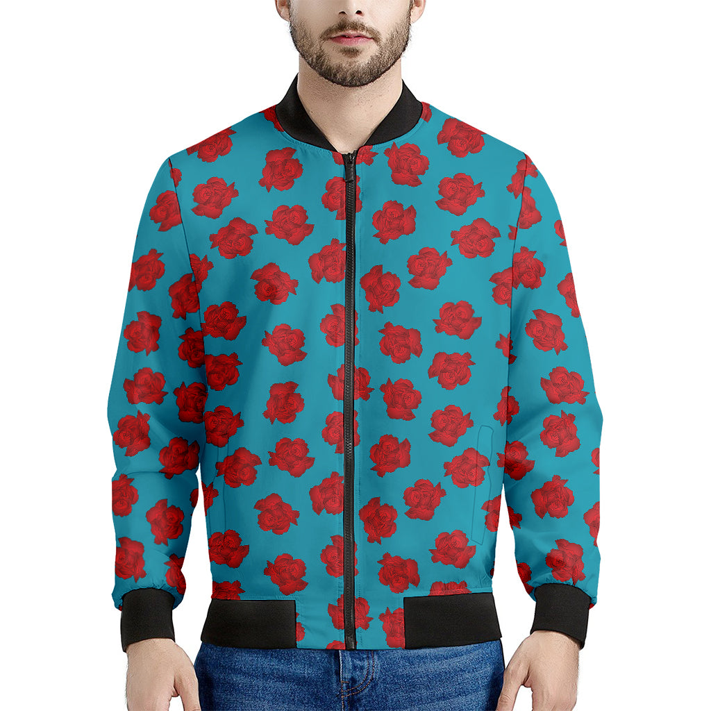 Red And Blue Carnation Pattern Print Men's Bomber Jacket