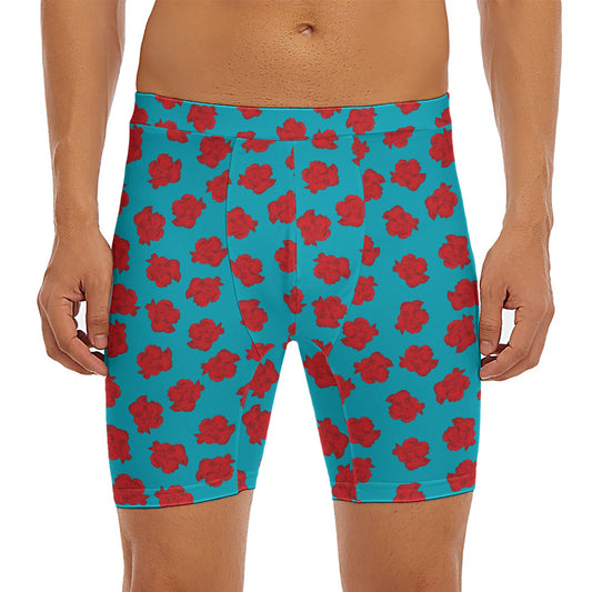 Red And Blue Carnation Pattern Print Men's Long Boxer Briefs
