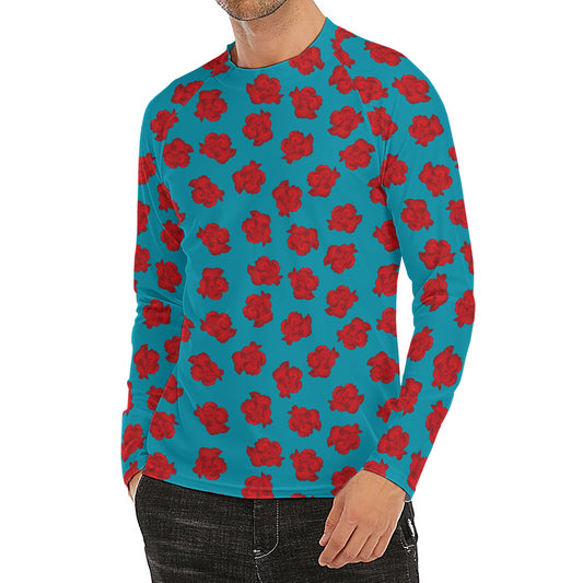 Red And Blue Carnation Pattern Print Men's Long Sleeve Rash Guard