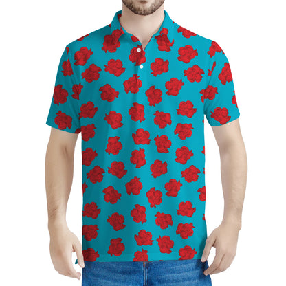 Red And Blue Carnation Pattern Print Men's Polo Shirt