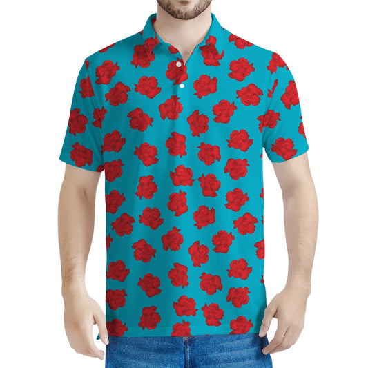 Red And Blue Carnation Pattern Print Men's Polo Shirt