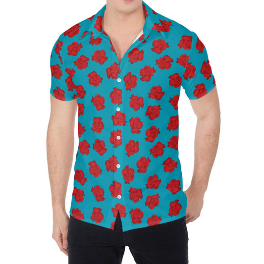 Red And Blue Carnation Pattern Print Men's Shirt