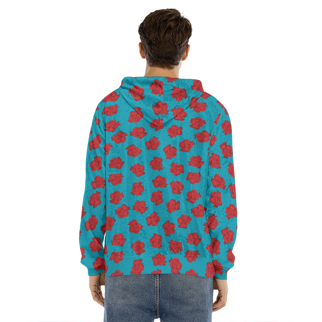 Red And Blue Carnation Pattern Print Men's Velvet Pullover Hoodie