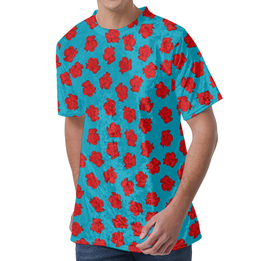 Red And Blue Carnation Pattern Print Men's Velvet T-Shirt