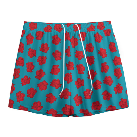 Red And Blue Carnation Pattern Print Mesh Shorts