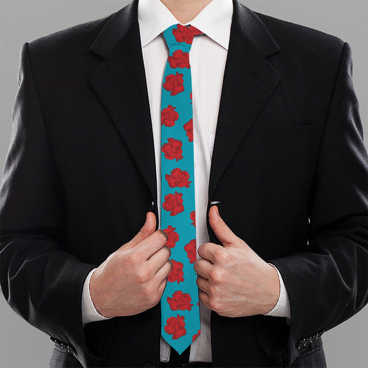 Red And Blue Carnation Pattern Print Necktie