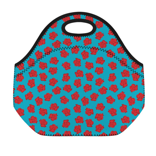 Red And Blue Carnation Pattern Print Neoprene Lunch Bag