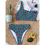 Red And Blue Carnation Pattern Print One Shoulder Bikini Top