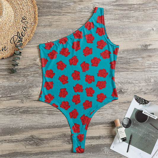Red And Blue Carnation Pattern Print One Shoulder Bodysuit