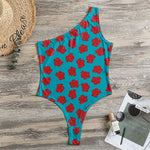 Red And Blue Carnation Pattern Print One Shoulder Bodysuit