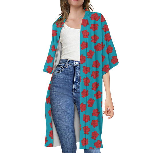 Red And Blue Carnation Pattern Print Open Front Beach Cover Up