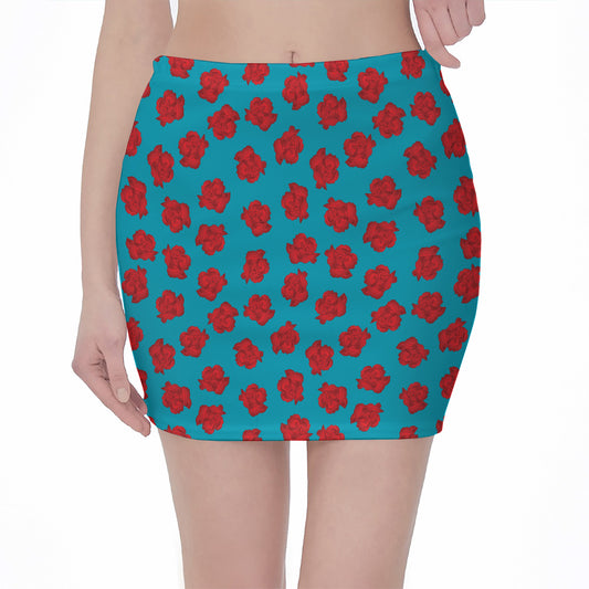 Red And Blue Carnation Pattern Print Pencil Mini Skirt