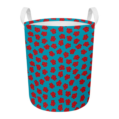 Red And Blue Carnation Pattern Print Round Laundry Basket