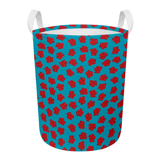 Red And Blue Carnation Pattern Print Round Laundry Basket