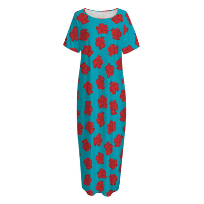 Red And Blue Carnation Pattern Print Short Sleeve Long Nightdress