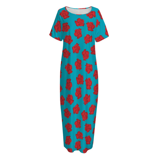 Red And Blue Carnation Pattern Print Short Sleeve Long Nightdress